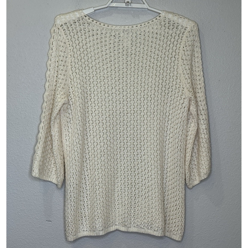 Chico's Open Knit Sweater Womens Size 1 Off White 3/4 Sleeve Round Neck Pullover - Picture 5 of 8